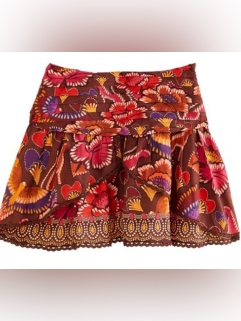 FARM Rio Bright Flora Brown Mini Skirt Size Large NWOT Boho Floral Ruffle